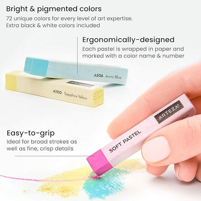 ARTEZA Soft Pastels for Artists, Set of 72 Chalk Pastels for Artists Sticks, Chalk Crayons Art Supplies for Drawing, Blending, Layering, and Shading