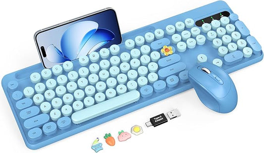 Wireless Keyboard and Mouse Combo, Retro Round Keycaps, Full-Size Cute Typewriter Keyboard with Large Phone/Tablet Holder, Auto-Sleep, 2.4GHz Cordless Connection for Windows/PC/Laptop (Sky Blue)