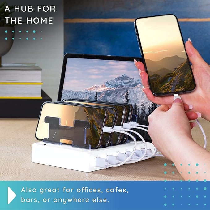 Charging Station for Multiple Devices – 6-Port USB Charging Dock for Apple & Android – Fast Multi-Charger Organizer for Phones, Tablets & More – Universal Desktop Charging Hub with Smart IC Tech