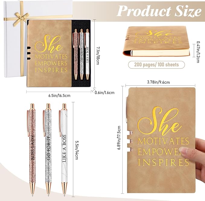 5 Pcs Boss Gifts for Women Set Leather Journal Ballpoint Pens with Box Thank You Employee Appreciation Thanksgiving Christmas Gifts for Female Leader Birthday Bestie Coworker (Khaki)