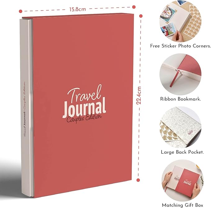 Travel Journal Couples Edition - Travel Memory Book, Trip Diary, Photo Album - 136pgs, 15 Trips. Includes Photo Corner Stickers. In Gift Sleeve. Travel Gift for Women and Men - A5 Red