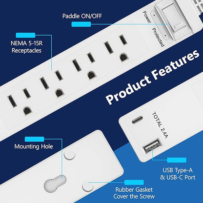 LIDER Surge Protected Outlet Extender, 4-Outlet Power Strip, 1 USB Type-A, and 1 USB Type-C Port, Surge Protect Up to 1500J, Ultra-Thin Wall Plate Plug with Cord Extender, 5ft Cord, ETL-Listed, White