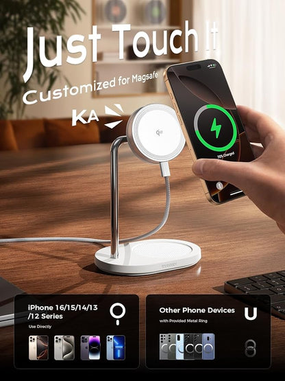 THREEKEY Charging Station, for MagSafe Charger with 180° Rotation, Qi2 15W Fast Charging Pad with Dual-Sided Magnets, Magnetic Wireless Charger Stand for iPhone 16-12 Series/Airpods (TZH103 White)