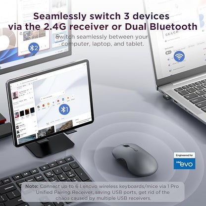Lenovo 700 Multi-Device Wireless Mouse, Bluetooth or 2.4 GHz USB-A Connection, Connect up to 3 Devices, 36 Month Battery Life, Luna Grey