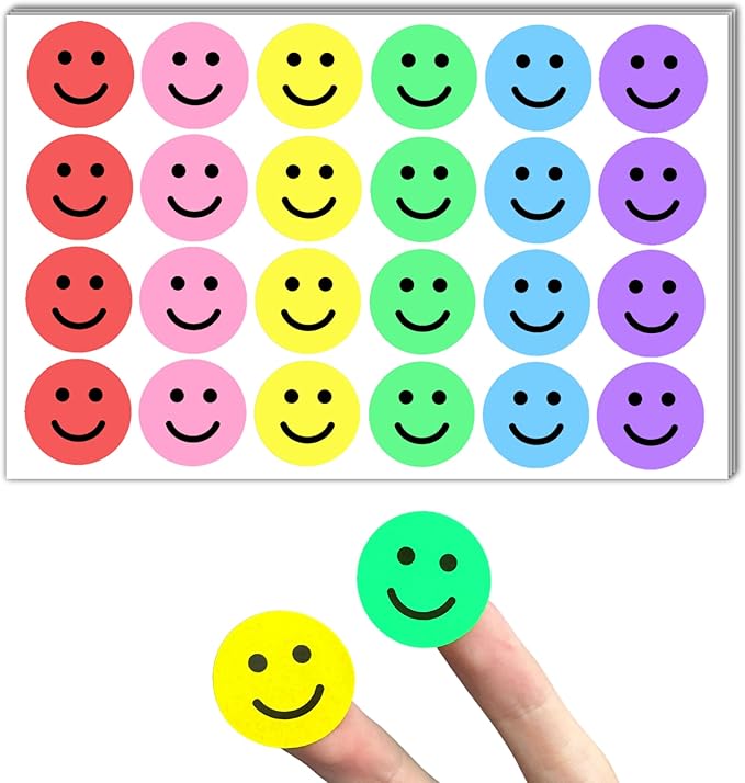 600 Pieces, 1 inch - Smiling Happy Smile Face Stickers for Reward - 6 Colors