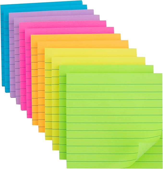 (36 Pads) Lined Sticky Notes 4x4 in, 6 Bright Colors Self-Stick Note Pads, Strong Adhesive, 47 Sheets/Pad