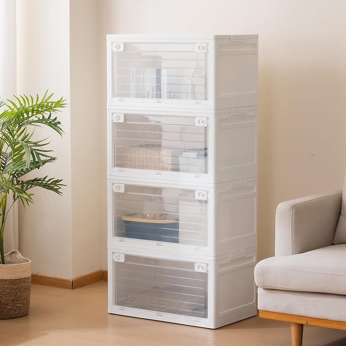4-Tier 101QT Stackable Storage Bins with Lid, Doors & Wheels, Collapsible Plastic Organizer Bins for Closet Bedroom, White