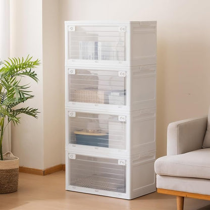 4-Tier 101QT Stackable Storage Bins with Lid, Doors & Wheels, Collapsible Plastic Organizer Bins for Closet Bedroom, White
