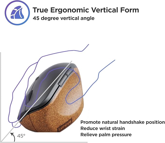 Lenovo Go Wireless Vertical Computer Mouse - Eco Friendly, Ergonomic 45-Degree Grip, Right-Handed, Programmable Buttons – 2.4 GHz USB Receiver, 12 Month Battery Life (Storm Grey)