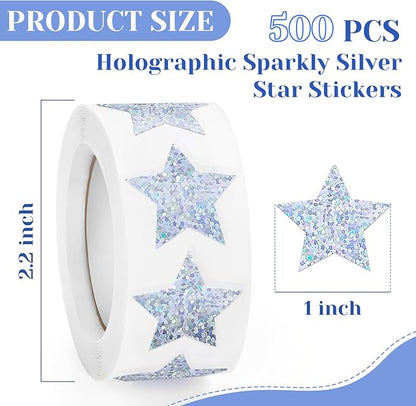 500 PCS Holographic Sparkly Silver Star Stickers, 1 inch Self Adhesive Metallic Glitter Foil Stickers Sparkly Star Sticker Reward Behavior Chart Labels for Kids Students Teachers Supplies