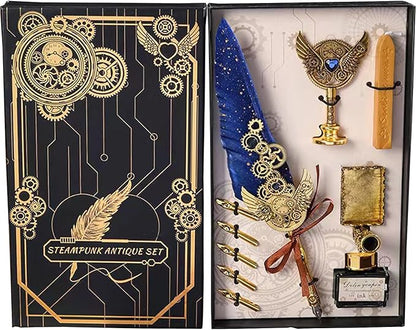 Quill Feather Pen and Ink Set,Calligraphy Set,Calligraphy Kits Include Antique Quill Feather Pen,Handcraft Wooden Pen,6 Nibs,2 Bottles Inks,Pen Holder for Beginners Birthday Gift（blue）