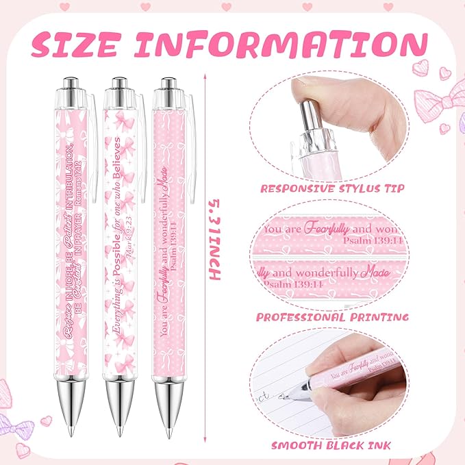 12 Pcs Christmas Christian Pens for Women Bible Verse Ballpoint Pen Christian Gift Inspirational Quotes Pink Bow Smooth Writing 1.00 mm Black Ink Pen for Office Supplies