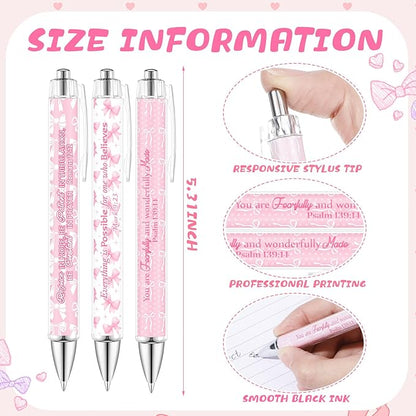 12 Pcs Christmas Christian Pens for Women Bible Verse Ballpoint Pen Christian Gift Inspirational Quotes Pink Bow Smooth Writing 1.00 mm Black Ink Pen for Office Supplies