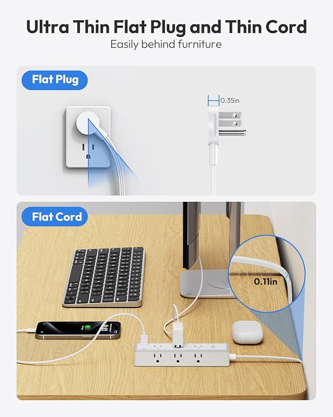 Surge Protector Power Strip, Flat Extension Cord with 9 Widely Outlets 3 USB Ports(1 USB-C), 1080 Joules, 5 FT, Multiple Outlets, Wall Mount, Flat Plug for Indoor Home Office, Dorm Essentials, White