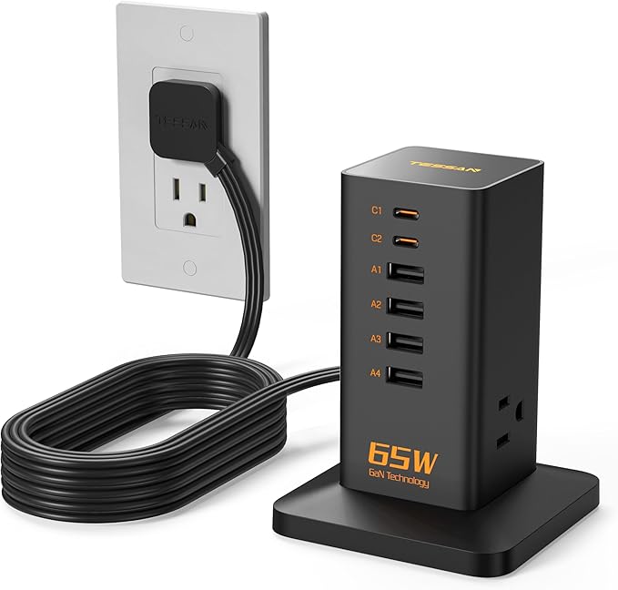 USB Charging Station for Multiple Devices 10Ft Cord, TESSAN 9-in-1 USB C Charger Block PD 65W for iPhone 16/15, MacBook, Tablet, Type C Desktop Charger with 3 AC, Home Travel Office Accessories