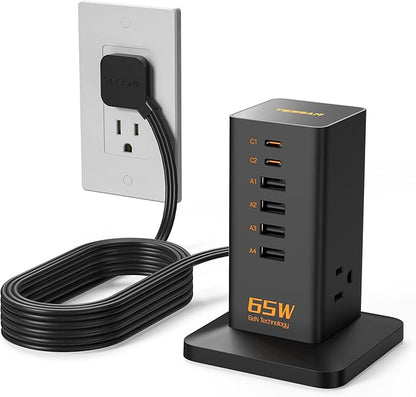 USB Charging Station for Multiple Devices 10Ft Cord, TESSAN 9-in-1 USB C Charger Block PD 65W for iPhone 16/15, MacBook, Tablet, Type C Desktop Charger with 3 AC, Home Travel Office Accessories