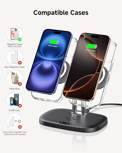 SwanScout Wireless Charger for iPhone Air/17, SwanScout 706M, Dual Magnetic Charger for iPhone 16/15/14/13/12 Series, Charging Station for AirPods Pro 3/2, AirPods 4/3rd (Black)