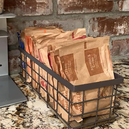 TIEYIPIN Farmhouse Small Metal Wire Storage Basket Bin, Rustic Home Storage Organizer with Wooden Bottom for Kitchen, Cabinets, Bathroom Counter, Pantry, Garage, Laundry Room - Black