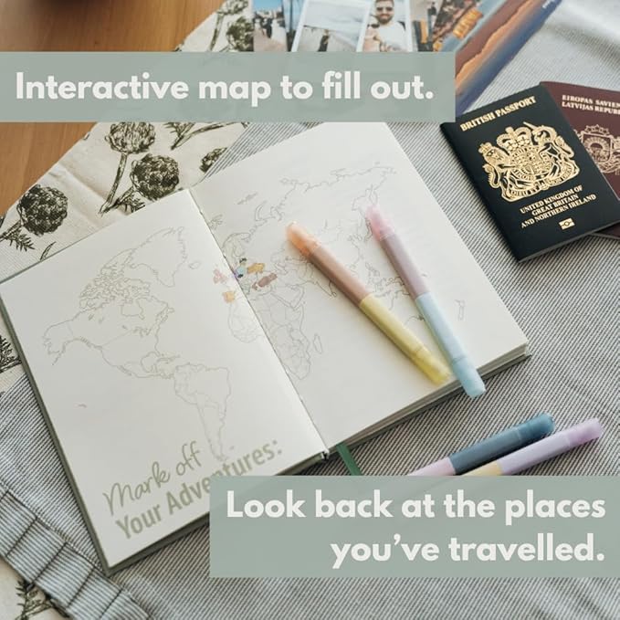 Travel Journal – Memory Book for Trips and Vacations – Journal and Photo Album – 136 Pages for 15 Adventures. Includes Photo Corner Stickers. Gift Sleeve Included. Travel Gift for Women and Men