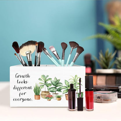 Mental Health Pen Holder for Desk, Growth Looks Different for Everyone Wooden Box Sign Desk Decor for Home Office Classroom Decoration, Botanical Inspirational Pencil Organizer