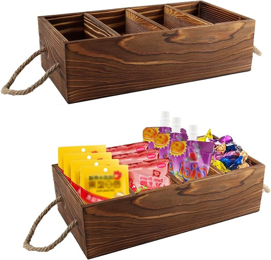 2 Pack Snack Organizer for Countertop, Brown Wooden Snack Basket with Handles, Pantry Organizer and Storage