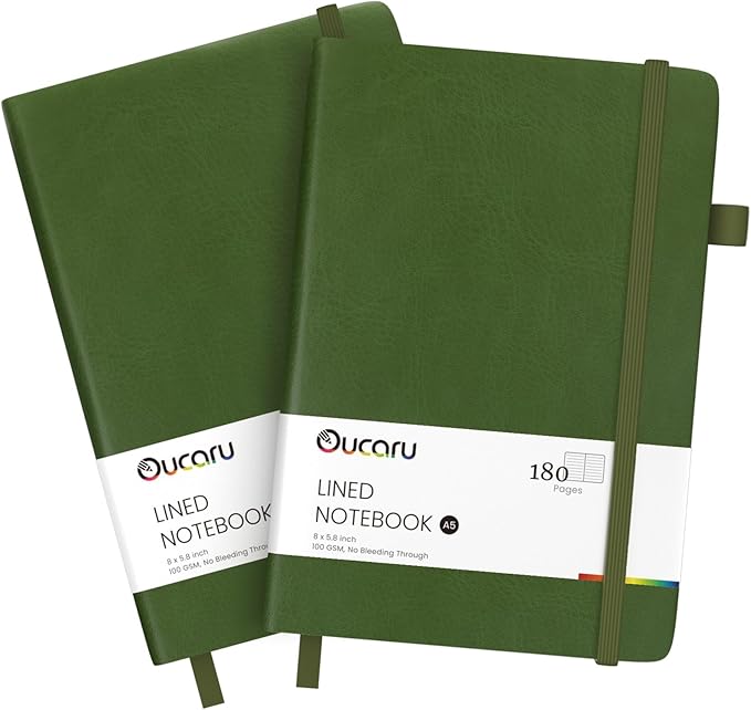 Oucaru Lined Journal Notebook, 2 Pack, 180 Pages, A5 Journals for Writing, 100 GSM Thick Paper, Small Notebooks Daily Journal for Women Men Work, Business, School, Travel Supplies