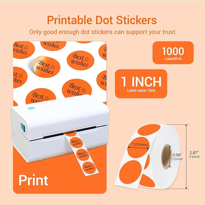 1 Inch Circle Dot Stickers 1000 PCS Color Coding Thermal Labels Dots Writable Printable Small Round Stickers for Office, Classroom, Inventory, Garage, Organizing Storage, DIY, Orange