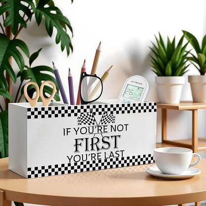Racing Checkered Inspirational Pencil Pen Holder for Desk, If You're Not First You're Last Wooden Pencil Holder Organizer for Home Office Desk Accessories, Motivational Gifts for Men