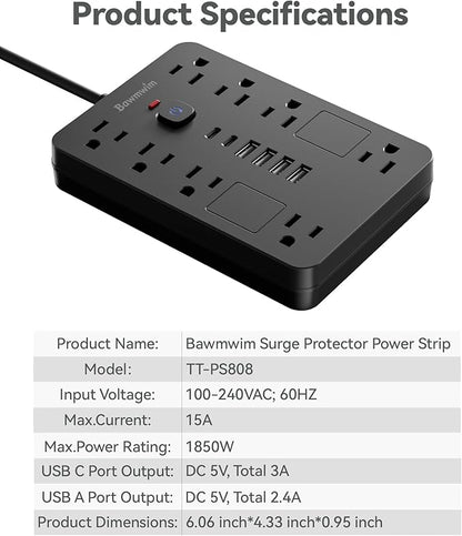 Surge Protector Power Strip - 8 Outlets(1850W/15A) with 6 USB Ports（2 USB C, 10FT Flat Plug Extension Cord, Wall Mount Multi Plug Outlet Extender, ETL Listed for Home, Dorm Room, Black