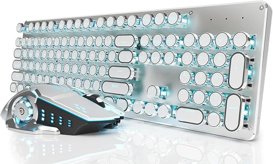 EWEADN TK950 Typewriter Mechanical Keyboard and Mouse, 104 Keys Aesthetic Typewriter Keyboard Mouse Combo with Blue Backlit, Anti-Ghosting, Blue Switch Bluetooth/2.4GHz/Wired Cute Keyboards-White