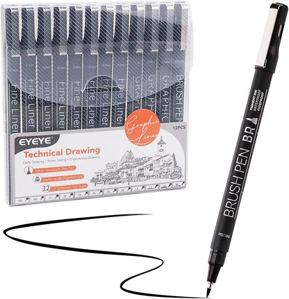 EYEYE Micro Fineliner Pens, Black Drawing Art Pens,12 Archival Pen Waterproof Ink Set Artist Supplies Archival Inking Markers Sketch Outline Pen, Precision Drawing and Sketching Kit