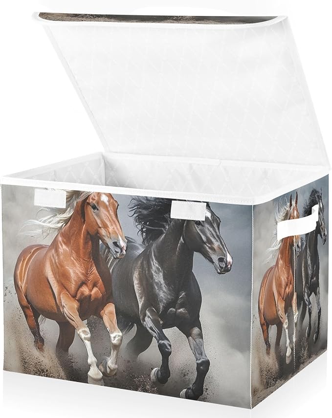 Running Horses Storage Bins Box with Lids Collapsible Fabric Storage Basket Lidded Cube Storage Containers for Organizing Shelves Closet Office