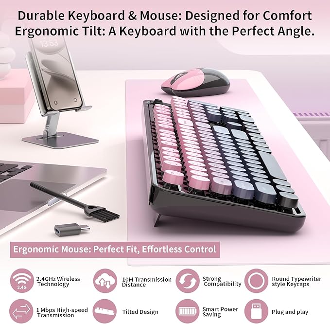 Wireless Keyboard and Mouse, MOFII 104 Round Keycaps Retro Typewriter with OTG & Brush, Full-Size Ergonomic, Ideal for Windows PC, Home, Office and College Peach Pink