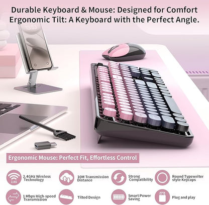 Wireless Keyboard and Mouse, MOFII 104 Round Keycaps Retro Typewriter with OTG & Brush, Full-Size Ergonomic, Ideal for Windows PC, Home, Office and College Peach Pink
