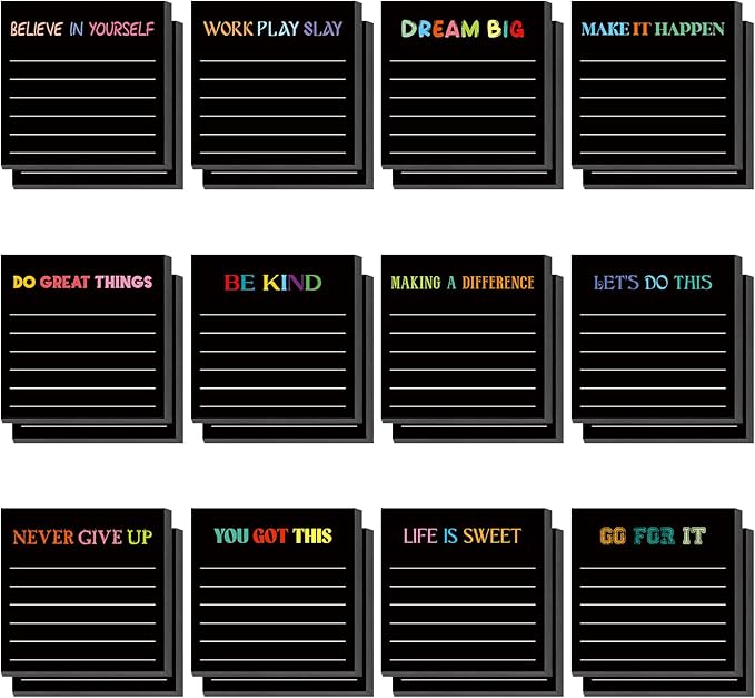 Yinder 24 Pcs Inspirational Sticky Notes Christmas Stocking Stuffers Motivational Sticky Notes Pad Employee Appreciation Gift Bulk for Teacher Nurse Coworker Office 3 x 3'' (Inspirational,Black)