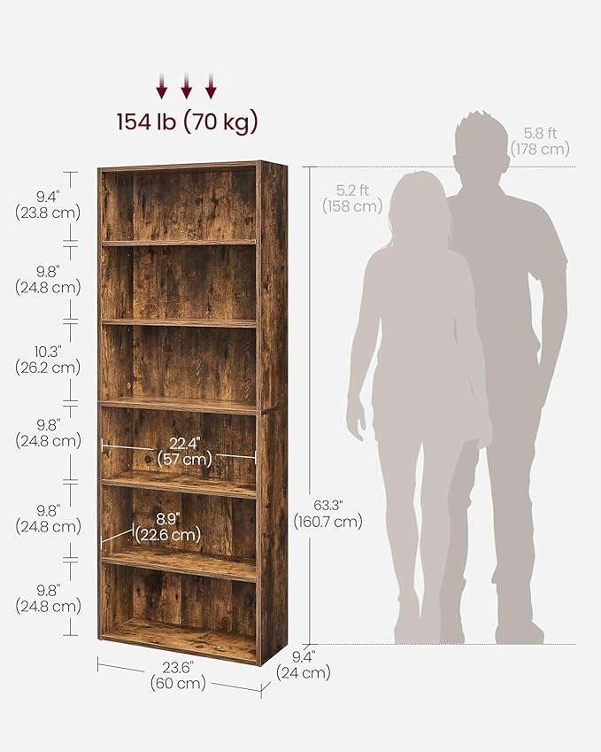 VASAGLE CUSTOS Collection - Bookshelf, 6-Tier Bookcase, Book Shelf, Open Storage Shelf, 9.4 x 23.6 x 63.3 Inches, for Living Room, Home Office, Dinning Room, Rustic Brown ULBC166X01