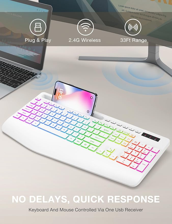 Wireless Keyboard with 9 Effects Backlits, Wrist Rest, Phone Holder, Rechargeable Ergonomic Computer Keyboard with Silent Keys, 2.4G Lag-Free Cordless Set for PC, Laptop, Windows, Mac (Keyboard Only)