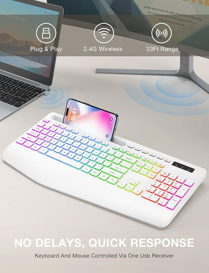 Wireless Keyboard with 9 Effects Backlits, Wrist Rest, Phone Holder, Rechargeable Ergonomic Computer Keyboard with Silent Keys, 2.4G Lag-Free Cordless Set for PC, Laptop, Windows, Mac (Keyboard Only)