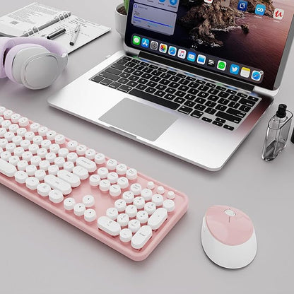 Wireless Keyboard and Mouse Combo, Ergonomic Full Size Typewriter Retro Round Keycaps Keyboard, Compatible with Windows, PC, Perfer for Home and Office Keyboards (Lovely Pink)