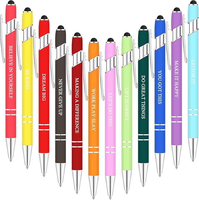 Zonon 12 Pcs Inspirational Pens Bulk Funny Ballpoint Pen with Stylus Tip Motivational Gifts for Christmas Teacher Coworkers Nurse School Office Supplies(Assorted Color,Motivational Style)