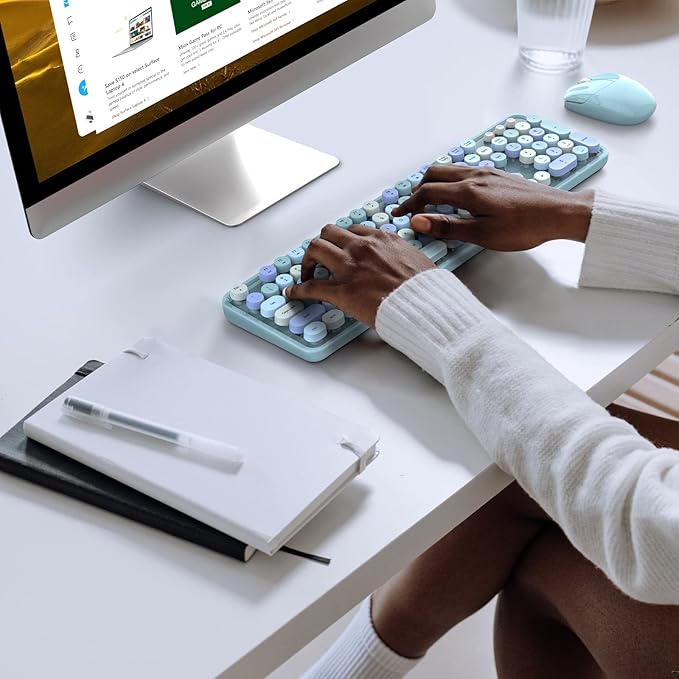 MOFII Wireless Keyboard and Mouse Combo, Retro Keyboard with Round Keycaps, 2.4GHz Dropout-Free Connection, Cute Wireless Mouse for PC/Laptop/Mac/Windows XP/7/8/10 (Blue-Colorful)