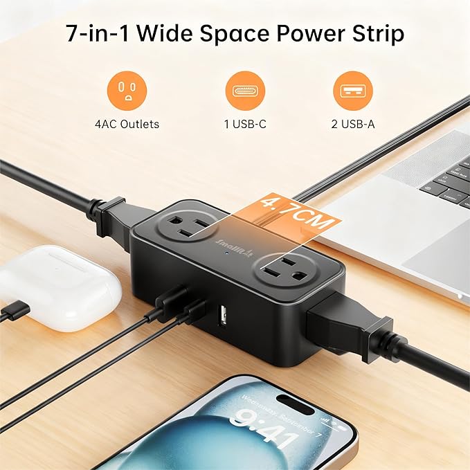 SMALLRT Thin Flat Extension Cord with USB C, Small Flat Plug Power Strip with 4 AC Outlets 3 USB (1 USB C), 6.5FT Small Power Strip Wall Mountable Cruise Ship, Travel, Home (Black, 16.5 FT)
