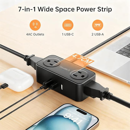 SMALLRT Thin Flat Extension Cord with USB C, Small Flat Plug Power Strip with 4 AC Outlets 3 USB (1 USB C), 6.5FT Small Power Strip Wall Mountable Cruise Ship, Travel, Home (Black, 16.5 FT)