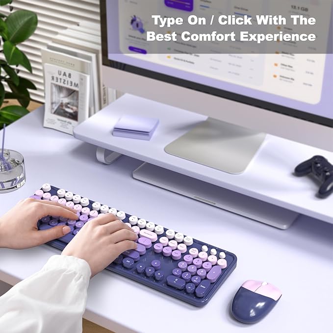 MOFII Wireless Keyboard and Mouse Combo, Full Size 2.4G Plug and Play Typewriter Retro Round Computer Keyboard and Mouse Set for Windows, Computer, Desktop, PC, Notebook - (Purple Gradient)