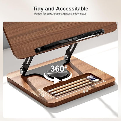 Book Stand for Reading, 360° Rotating Hands Free Book Holder, Adjustable Height and Angle, Page Clip for Cookbook, Recipe, Magazine, Laptop,Tablet, Foldable for Kitchen, Office, School