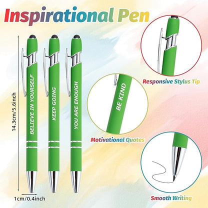100 Piece Inspirational Pens Kit with Stylus Tip & Sayings – 50 Motivational Pen + 50 Individual Bags – Uplifting Quote & Positive Ideas – For Teacher, Office, School, Meetings, Team (Christmas Green)