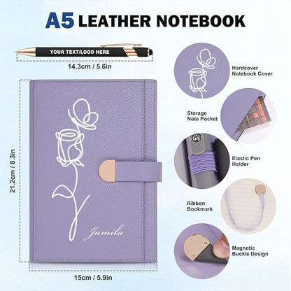 ENOMY Personalized A5 Notebook &10 PC Pens Set Custom Notebook 300 Pages Personalized Journal with Storage Pocket for Writing College Office Business Gift, Purple