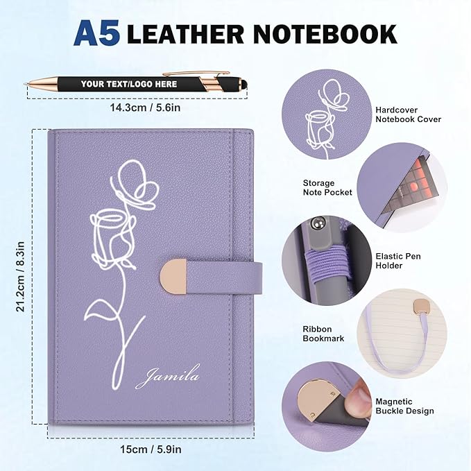 ENOMY Personalized Notebook Journal & 10 PC Pens Gift Set A5 Hardcover Notebook 300 Pages Thick Lined Journal for Men Women Custom Notebooks for Work College Travel Writing, Brown