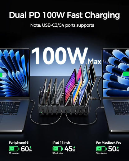 400W Charging Station for Multiple Devices, 10 Port Double PD 100W USB C Charging Station with 6 Cables, Multi-Device Organizer Fast Charging Dock for MacBook, iPad, iPhone, Cell Phone, Tablet