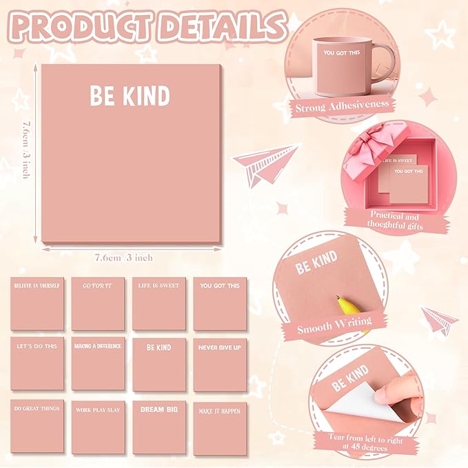 Yinder 24 Pcs Inspirational Sticky Notes Christmas Stocking Stuffers Motivational Sticky Notes Pad Employee Appreciation Gift Bulk for Teacher Nurse Coworker Office 3 x 3'' (Inspire,Pink)